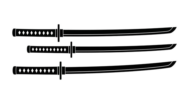 Three black silhouette katana swords displayed against a plain white background