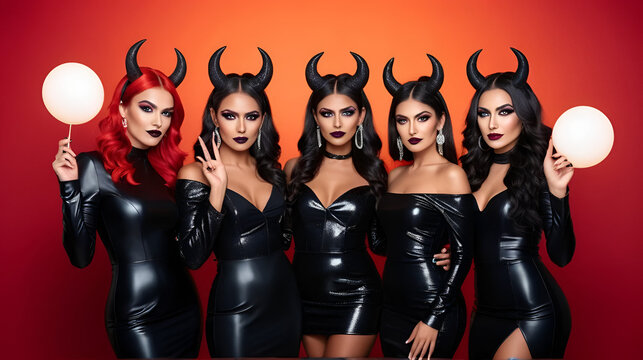 Stunning group of five glamorous women with devil horns at a vibrant Halloween-themed party, showcasing bold makeup and striking poses in dramatic lighting