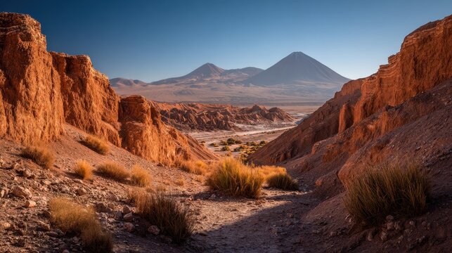 Golden hour scene in the Atacama Desert: red canyon walls, distant volcanic peak, and arid plains