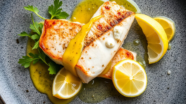 Charred kingfish fillet with desert lime dressing, modern bush cuisine, Kingfish fillet, concept native Australian seafood