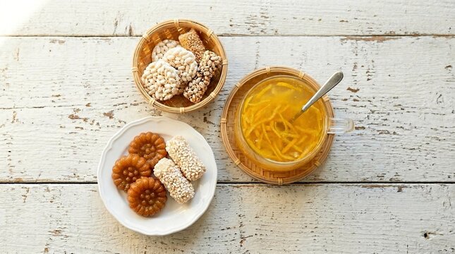 A steaming glass of hot Yuja citron tea served with honey-glazed Yakgwa, colorful Dasik, sesame snacks, and dried lotus root on a rustic wooden table.