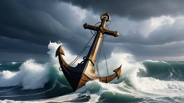Heavy anchor cross plunging through raging stormy waves, faith steadfastness triumph, dynamic crashing foam