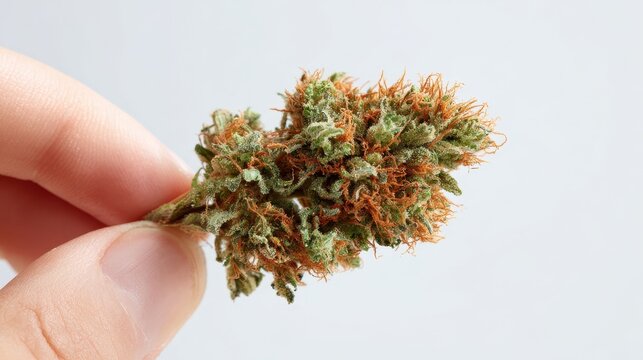 Hand presenting cannabis bud on a clean white backdrop; macro close-up