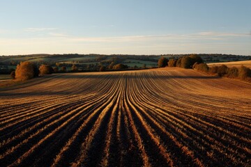 Fototapeta premium Harvest season landscape: early winter cereal alongside a harvested potato field in autumn light