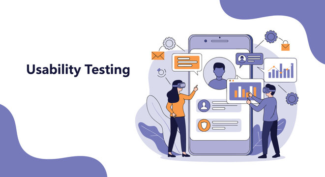Product design team conducting usability testing on a mobile application using a giant smartphone interface model.