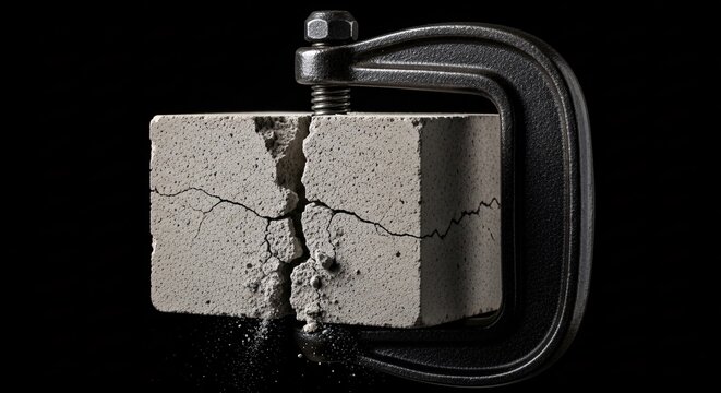 Heavy metal C-clamp crushing a concrete block to the breaking point, abstract stress and extreme pressure concept.