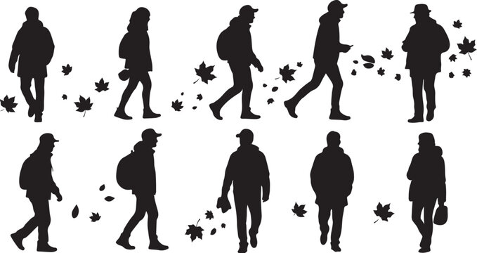 Silhouettes of people walking in various autumn poses freely