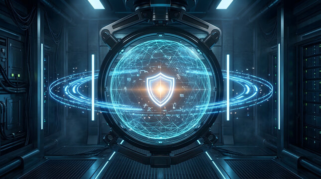 Futuristic data center room with a glowing digital shield and global network hologram representing cyber security protection and advanced cloud computing infrastructure