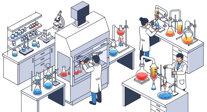 Scientists working in a modern chemistry laboratory with equipment and experiments