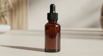 Fototapeta premium Amber dropper bottle on minimalist background with natural light and shadows