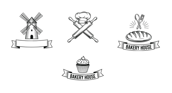 Collection of four vintage style bakery house logos featuring bread, cupcakes, windmills, and professional baking tools.