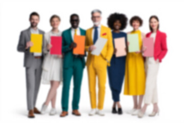 Obraz premium Blurred Diverse business team holding colorful documents together