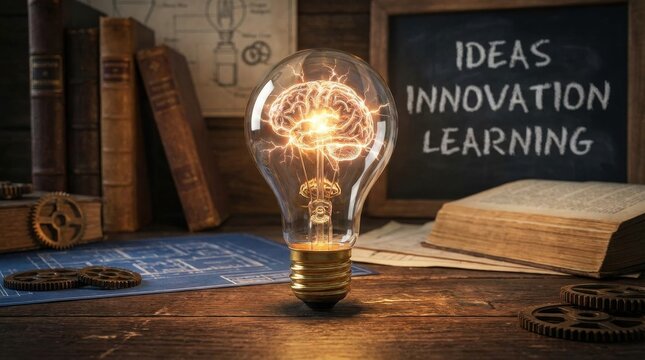 Brain lightbulb innovation idea glowing on wooden desk with books and chalkboard learning concept