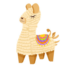 Cartoon piñata. Colorful paper toy in shape of llama or alpaca. Traditional candy surprise decoration for birthday party, fiesta and carnival. Hand drawn vector illustration for sticker, print, web © Ekaterina Sumanosova