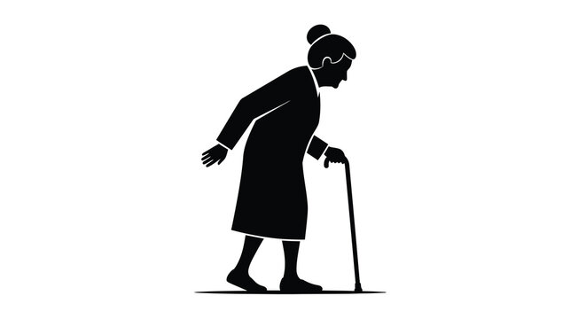 A stark black silhouette depicts an elderly woman walking with a cane representing age and frailty high quality professional
