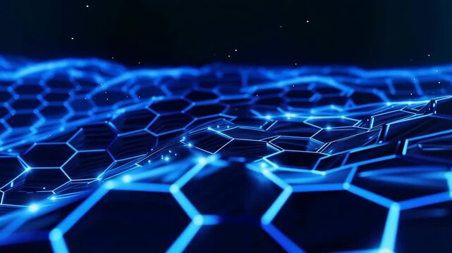 Abstract 3D Hexagon Honeycomb Digital Terrain Background. Deep Blue Neon Glowing Grid Geometry, Futuristic Blockchain and Data Network Landscape for Cyber Security, AI Technology, and Scientific Resea