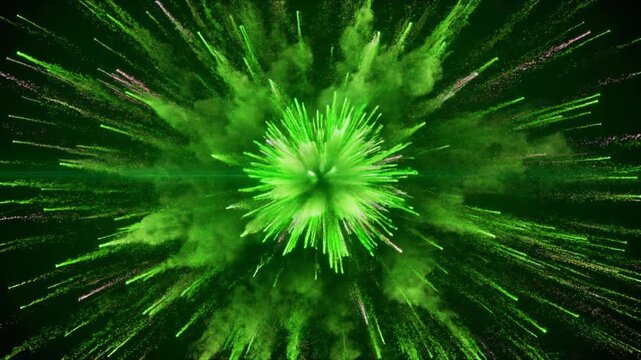 Green explosion occurs rapidly in dark space with vibrant lines emanating outward