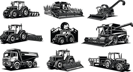 Black and white illustrations of agricultural machinery including tractors, combine harvesters, and dump truck, showcasing farming technology, equipment diversity, rural industry, a © MdNurul