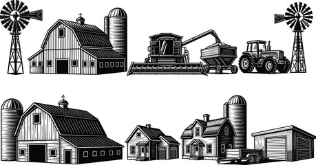 Detailed black and white farm illustration featuring barns, silos, windmills, tractor, combine harvester, grain cart, and rural houses showcasing traditional agricultural life and machinery. © MdNurul