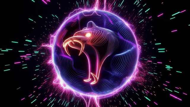 Abstract Cyberpunk Neon Wireframe Leopard Head in Glowing Energy Sphere. Futuristic Animal Silhouette with Purple and Red Pulse Lines for Gaming, Sci-Fi, AI Technology, and Motion Graphics Background.