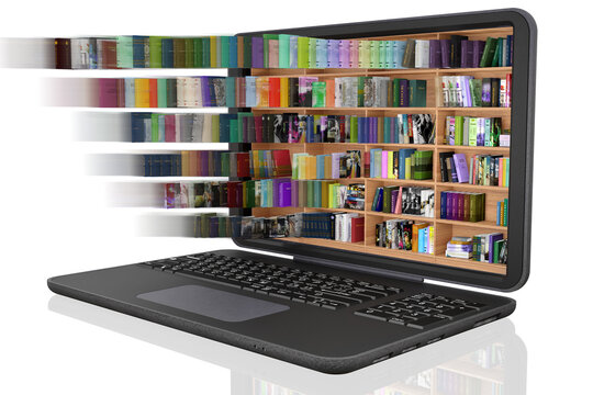Libreria, con tanti libri, all'interno di computer portatile. Ebook, libri elettronici, in download disponibili su dispositivo informatico portatile.