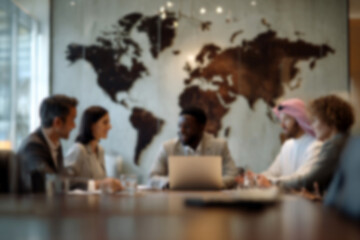 Fototapeta premium Blurred Diverse business team collaborating in modern office with global map