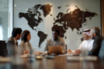 Fototapeta premium Blurred Diverse business team collaborating in modern office with global map