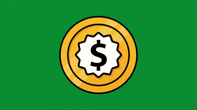 Animated Gold Coin Icon with Dollar Sign and Starburst Detail 4k stock animation video on a green screen for chroma key background for video editing.
