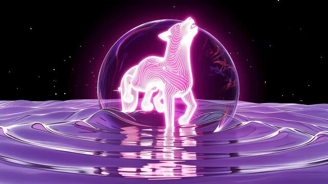 3D cyberpunk holographic glowing tiger leaping through a particle wave ring animation. Powerful neon wireframe beast with dynamic light waves, suitable for crypto concepts, sports intros, and digital 