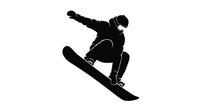 A dynamic silhouette depicts a snowboarder mid air executing a trick with impressive form and energy high quality professional detailed