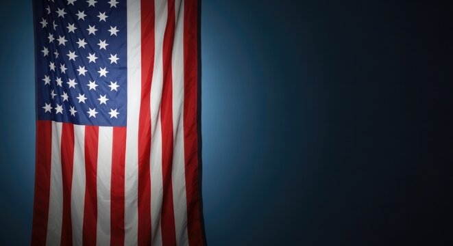 American flag hanging vertically against a dark background