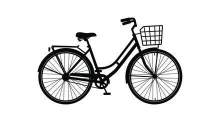 A minimalist black silhouette depicts a classic bicycle with a front basket showcasing its simple design high quality professional