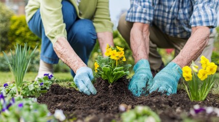 Fototapeta premium Elderly woman and man gardener planting flower in soil. Senior couple working together in backyard garden. Hobbies, retirement activity and spring nature care, landscaping concept.