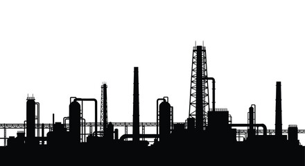 Obraz premium A stark silhouetted cityscape featuring an industrial complex with towering smokestacks and distant buildings high quality professional detailed modern
