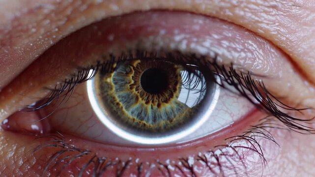 Thorough eye assessment. Closeup of hazel eye features. Clinical examination highlighting eye surface details. Highresolution photo displaying corneal structure and hydration levels