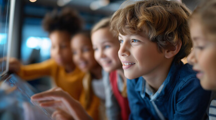 Fototapeta premium Diverse group of kids collaborating on a digital whiteboard, future-focused education, clean design, candid moment