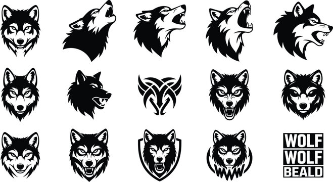 Collection of various wolf silhouettes and head shots in different expressions and angles silhouette