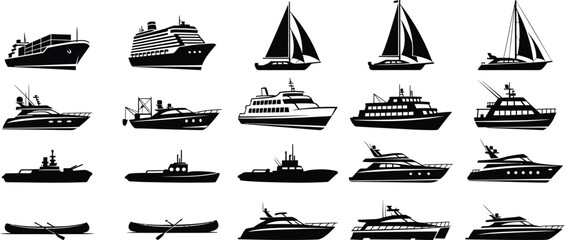 Collection of various boat and ship silhouettes on white background © MD