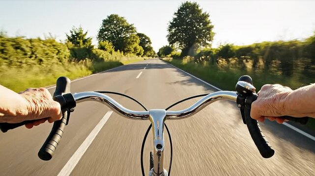Hands gripping bicycle handlebars while riding on a scenic road surrounded by greenery, showcasing the motion and flow of cycling through nature