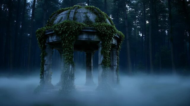 Ivy-covered stone structure, shrouded in dense mist, stands within a dark, deep forest