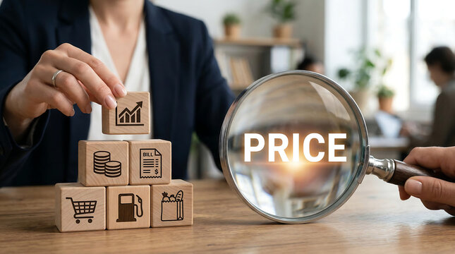 Price analysis concept with magnifying glass highlighting price and wooden blocks showing chart coins bill shopping fuel and grocery cost indicators