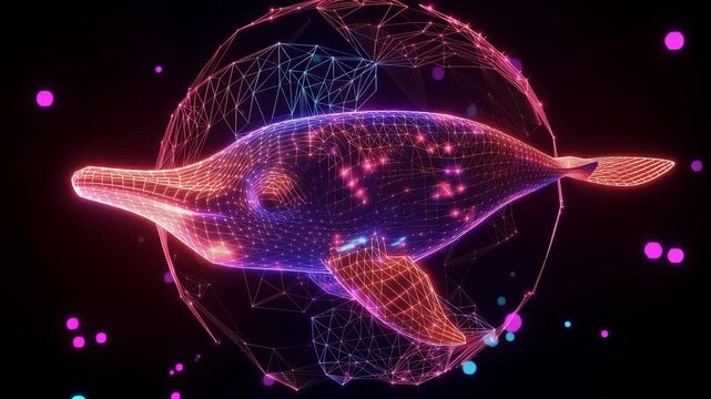 Abstract 3D technology wireframe dolphin, red neon glowing point cloud and digital topology structure, virtual reality cyberspace creature, marine biotech concept motion graphics for AI, futuristic di