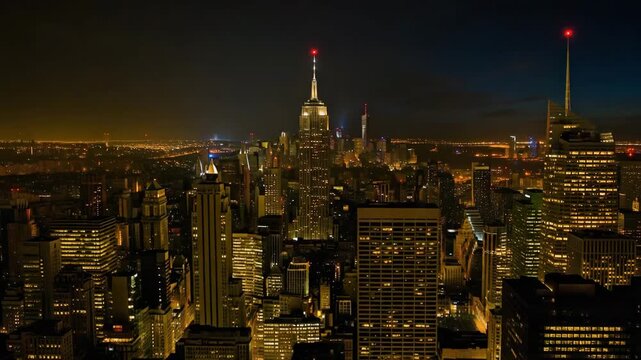 Aerial cityscape of  skyline at night with lights  