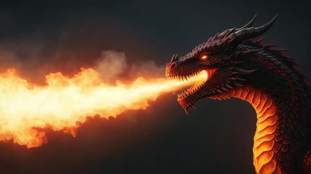 Red dragon breathing fire against dark background  