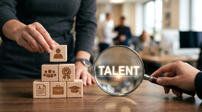 Talent search concept with magnifying glass highlighting talent and wooden blocks showing candidate team badge resume briefcase and education symbols