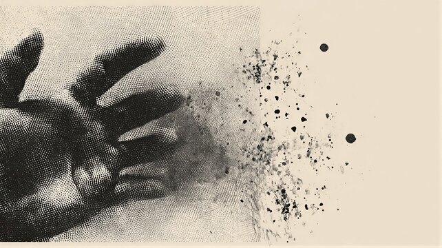 Human hand dissolving into abstract particles. Conceptual illustration of mental disorder, schizophrenia or dissociative identity. Symbolic decay of consciousness and psychological trauma.