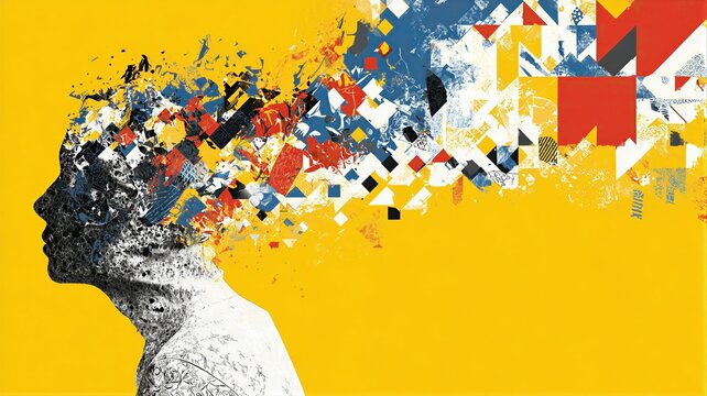 Profile of woman with abstract geometric shapes exploding from head. Concept of mental health disorder, schizophrenia and cognitive fragmentation. Symbolic illustration of human psyche.