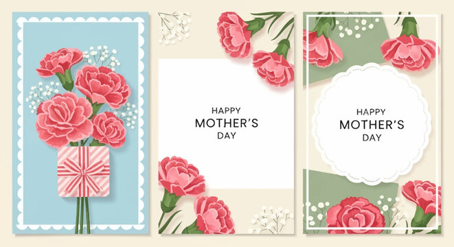 Elegant Happy Mother's Day Greeting Card Templates with Pink Carnations, Gift Box, and Floral Decor on Pastel Backgrounds