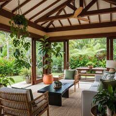 Fototapeta premium Tropical Sunroom Oasis with Lush Greenery and Modern Furniture.