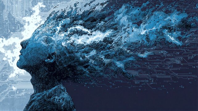 Woman with exploding head containing electrical circuit and lightning. Mental illness with psychological breakdown concept. Digital art representing schizophrenia and complex human mind.